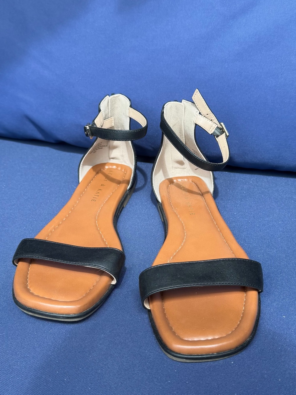 Kelly & Katie Black Strap Tan Footbed Ankle-Strap Sandals